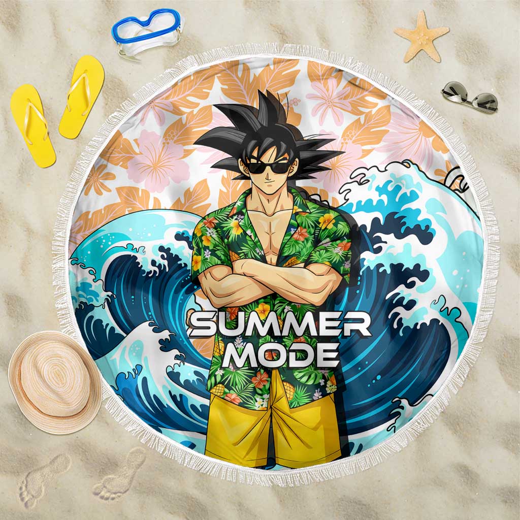 Goku Dragon Ball Summer Theme Beach Blanket with Tropical Floral Shirt Sunglasses Shenron and Ocean Wave Background - The Mazicc