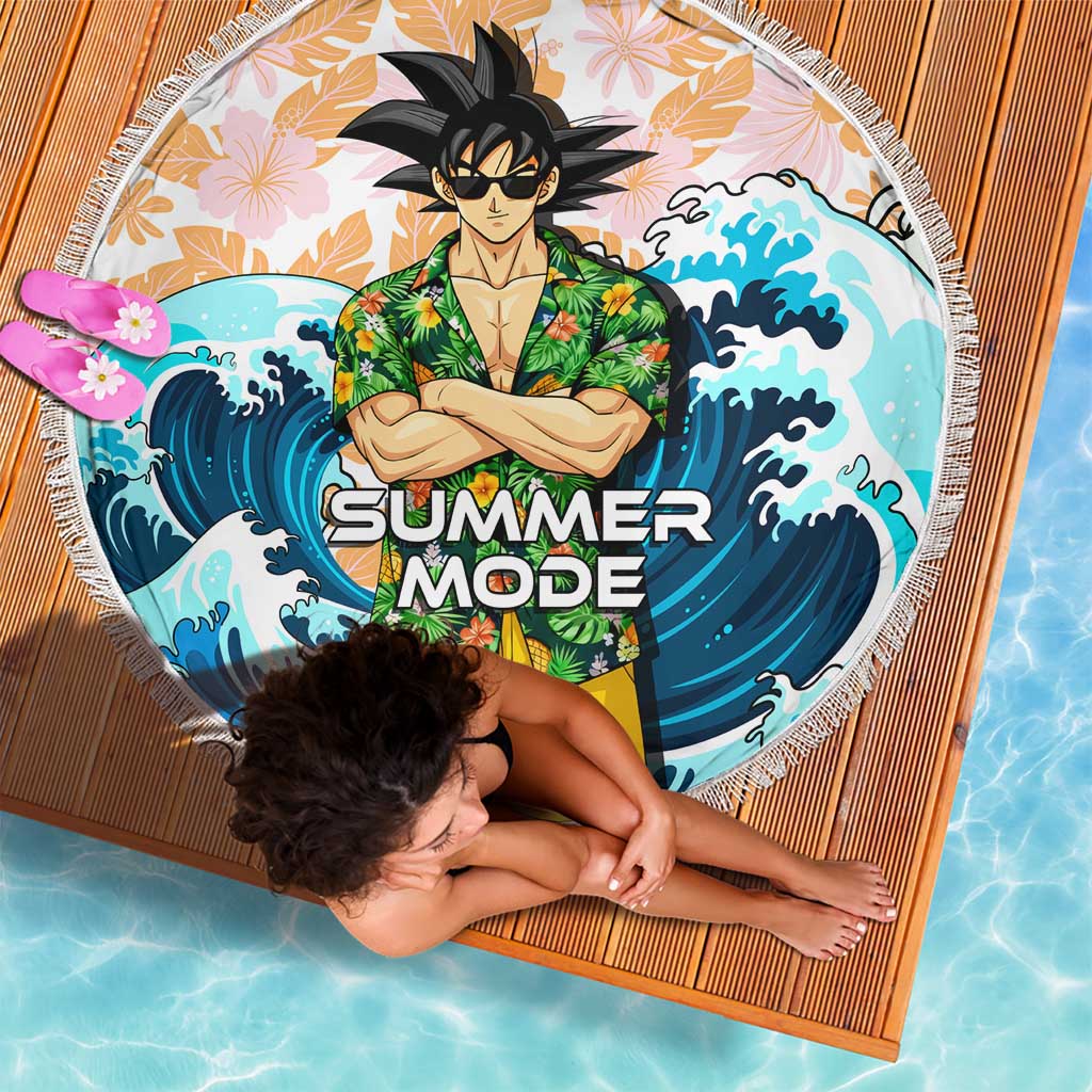 Goku Dragon Ball Summer Theme Beach Blanket with Tropical Floral Shirt Sunglasses Shenron and Ocean Wave Background - The Mazicc