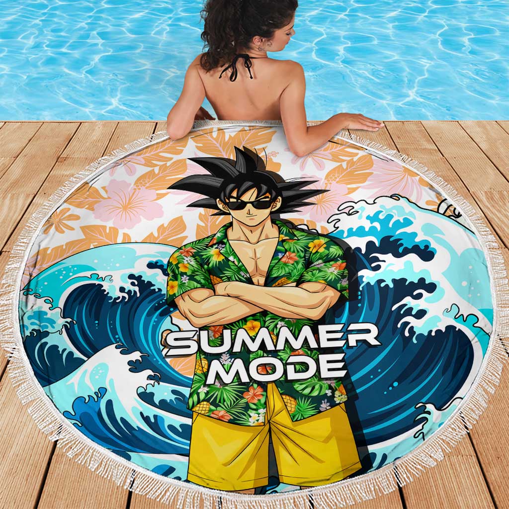 Goku Dragon Ball Summer Theme Beach Blanket with Tropical Floral Shirt Sunglasses Shenron and Ocean Wave Background - The Mazicc