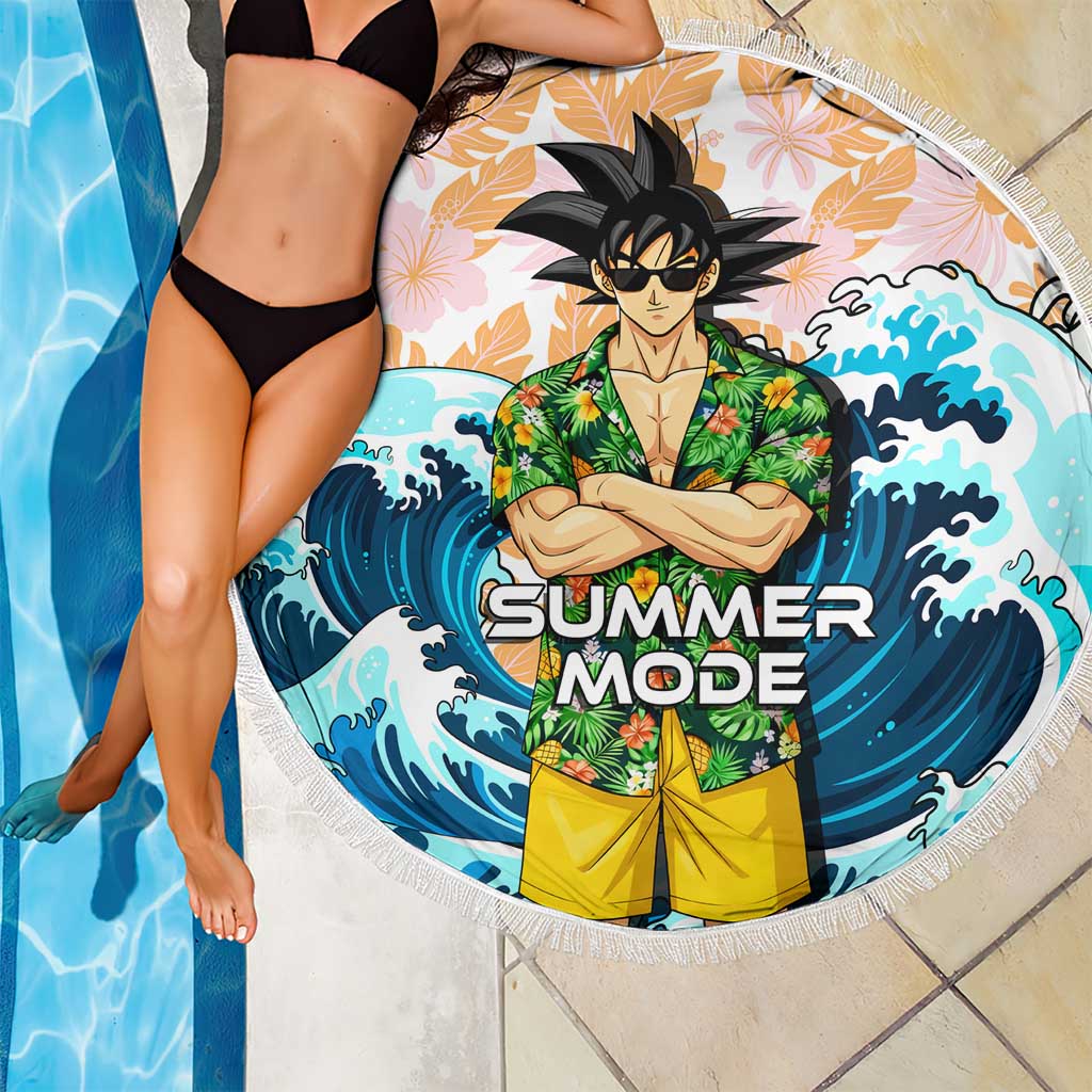 Goku Dragon Ball Summer Theme Beach Blanket with Tropical Floral Shirt Sunglasses Shenron and Ocean Wave Background - The Mazicc