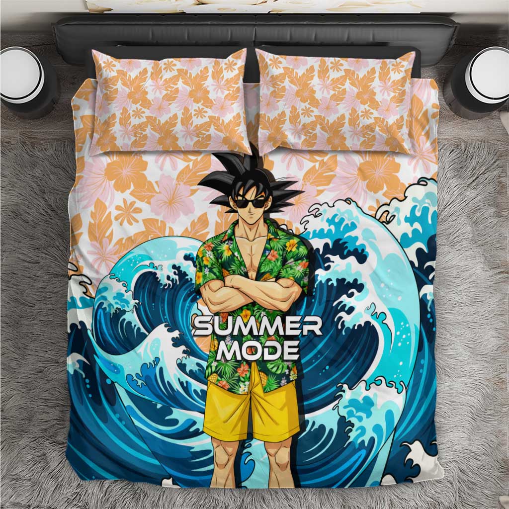 Goku Dragon Ball Summer Theme Bedding Set with Tropical Floral Shirt Sunglasses Shenron and Ocean Wave Background - The Mazicc