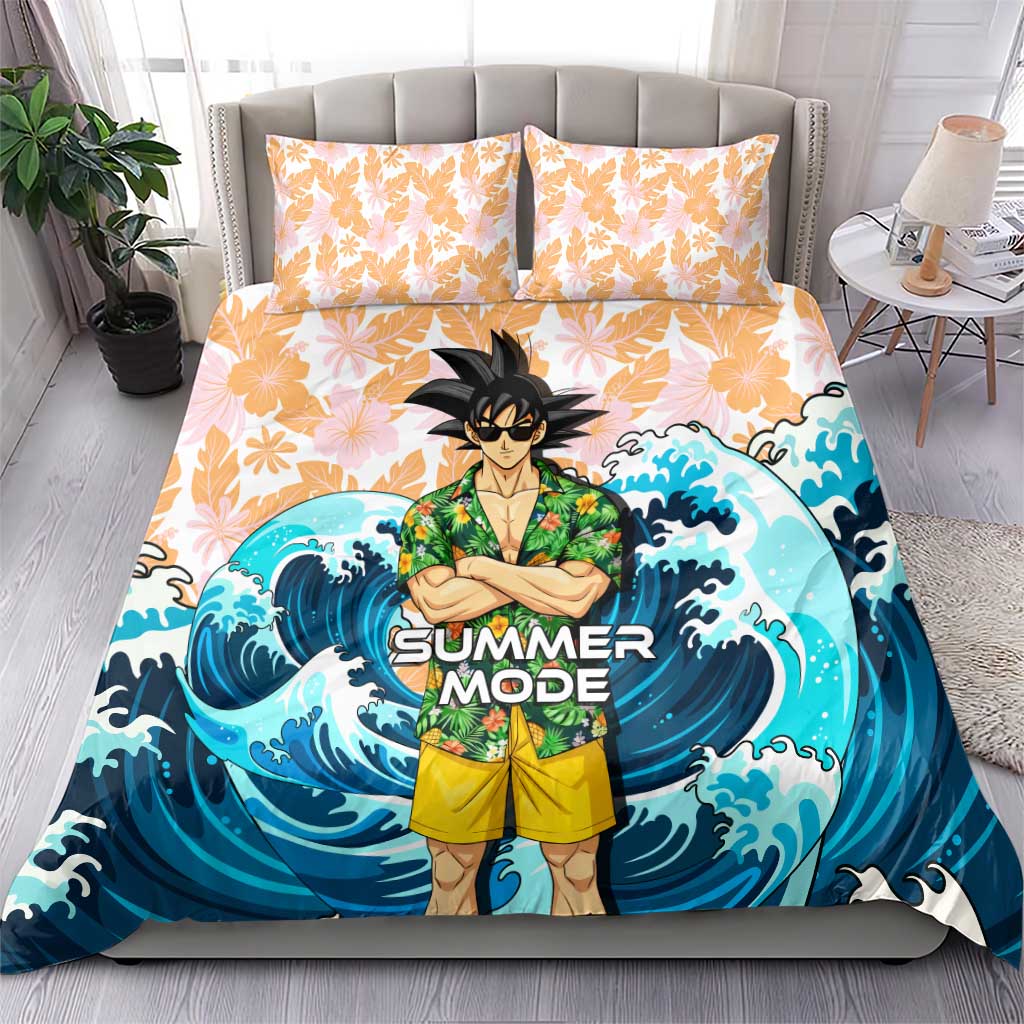 Goku Dragon Ball Summer Theme Bedding Set with Tropical Floral Shirt Sunglasses Shenron and Ocean Wave Background - The Mazicc