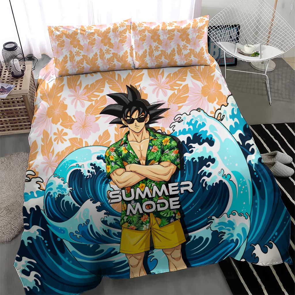 Goku Dragon Ball Summer Theme Bedding Set with Tropical Floral Shirt Sunglasses Shenron and Ocean Wave Background - The Mazicc