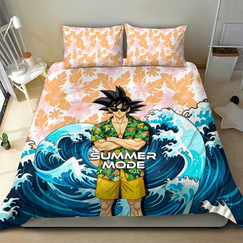 Goku Dragon Ball Summer Theme Bedding Set with Tropical Floral Shirt Sunglasses Shenron and Ocean Wave Background - The Mazicc