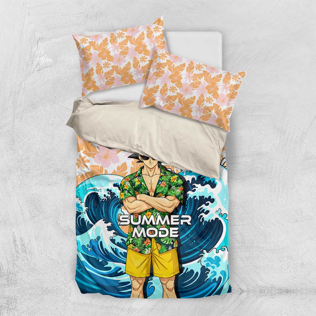 Goku Dragon Ball Summer Theme Bedding Set with Tropical Floral Shirt Sunglasses Shenron and Ocean Wave Background - The Mazicc