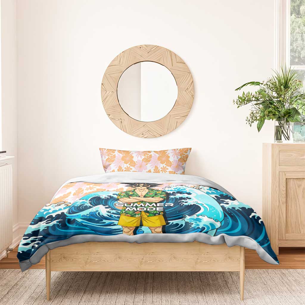 Goku Dragon Ball Summer Theme Bedding Set with Tropical Floral Shirt Sunglasses Shenron and Ocean Wave Background - The Mazicc