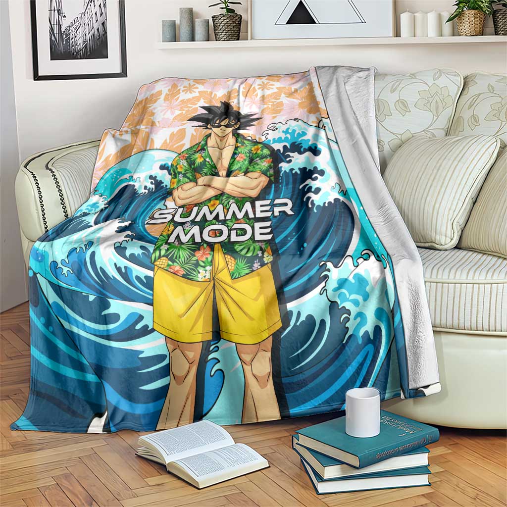 Goku Dragon Ball Summer Theme Blanket with Tropical Floral Shirt Sunglasses Shenron and Ocean Wave Background - The Mazicc