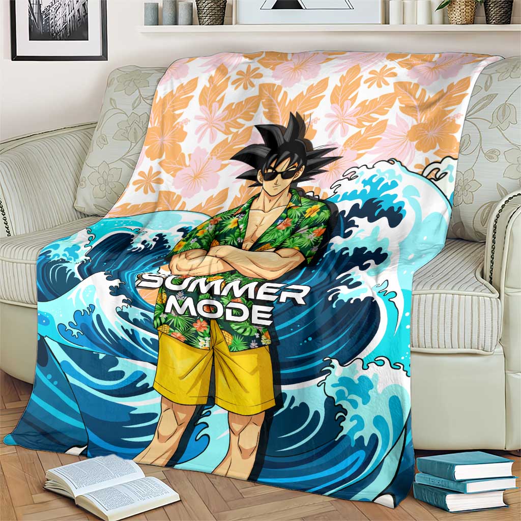Goku Dragon Ball Summer Theme Blanket with Tropical Floral Shirt Sunglasses Shenron and Ocean Wave Background - The Mazicc