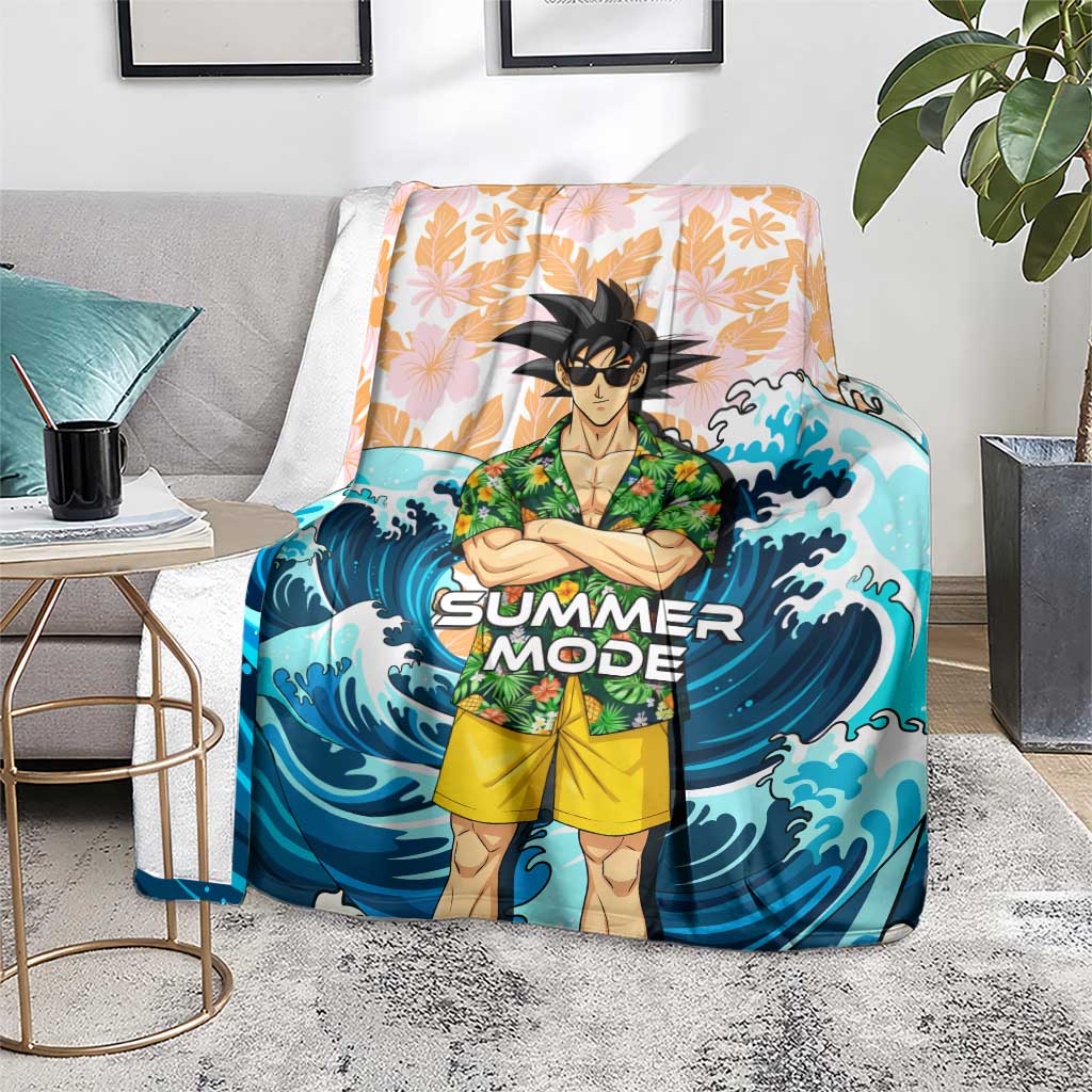 Goku Dragon Ball Summer Theme Blanket with Tropical Floral Shirt Sunglasses Shenron and Ocean Wave Background - The Mazicc