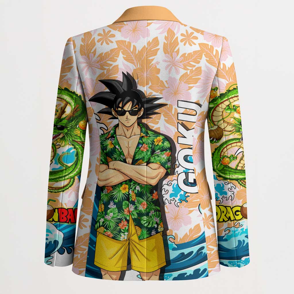 Goku Dragon Ball Summer Theme Blazer with Tropical Floral Shirt Sunglasses Shenron and Ocean Wave Background - The Mazicc