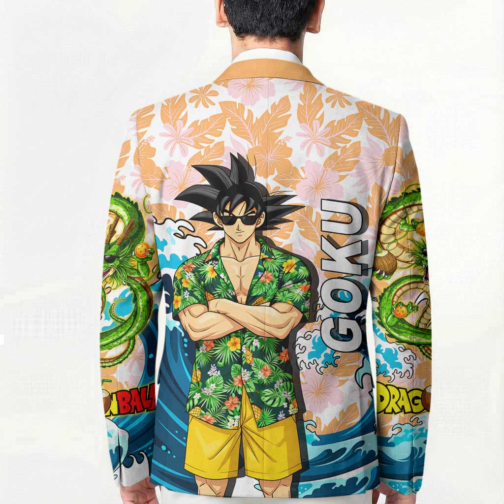Goku Dragon Ball Summer Theme Blazer with Tropical Floral Shirt Sunglasses Shenron and Ocean Wave Background - The Mazicc