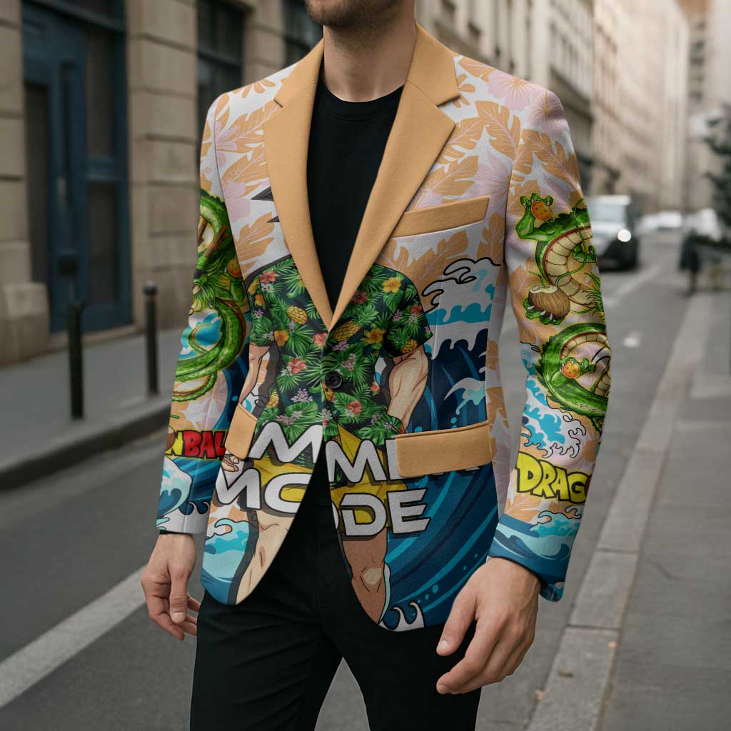 Goku Dragon Ball Summer Theme Blazer with Tropical Floral Shirt Sunglasses Shenron and Ocean Wave Background - The Mazicc