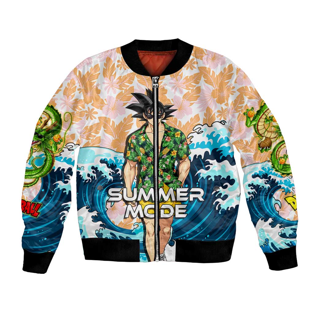 Goku Dragon Ball Summer Theme Bomber Jacket with Tropical Floral Shirt Sunglasses Shenron and Ocean Wave Background - The Mazicc
