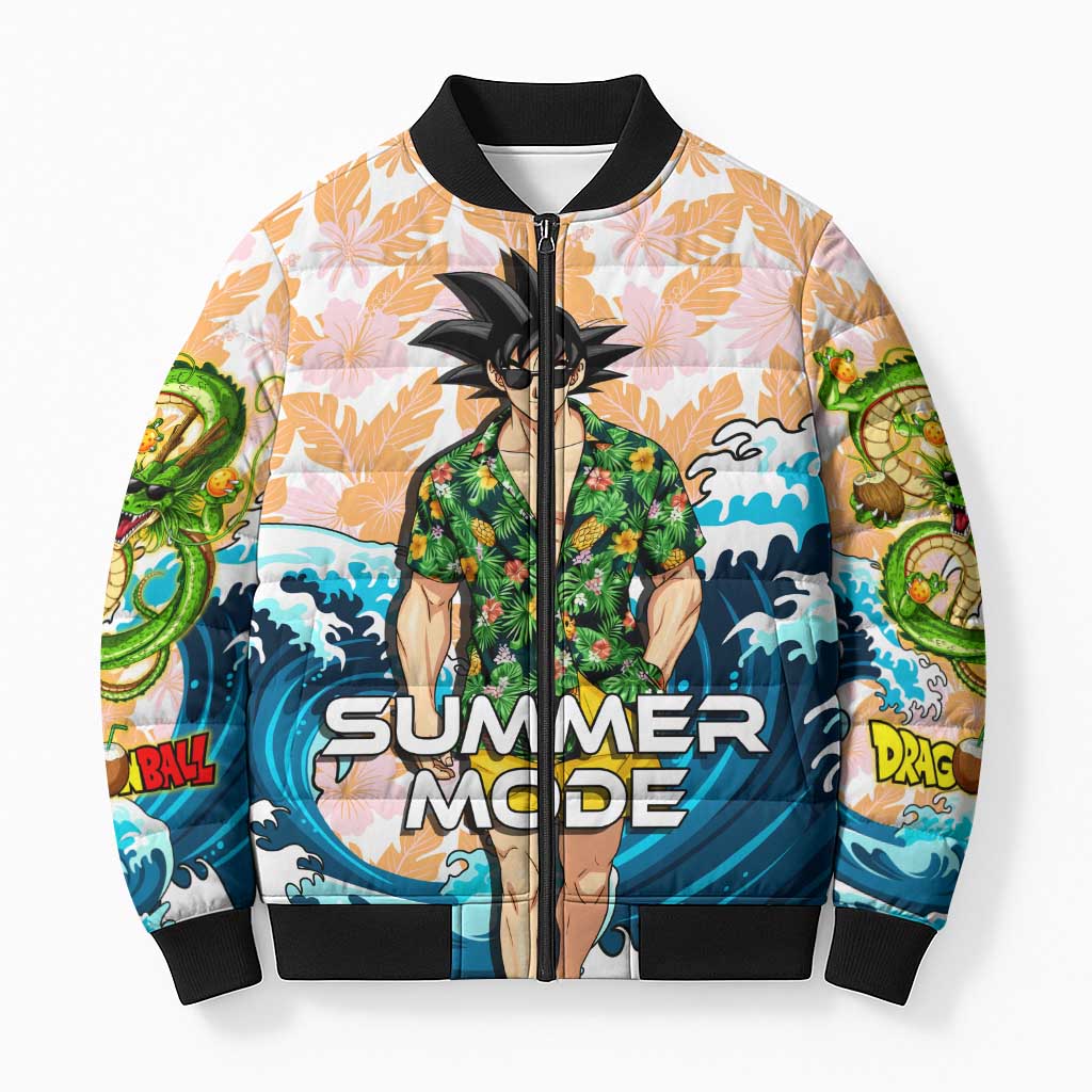 Goku Dragon Ball Summer Theme Bomber Puffer Jacket with Tropical Floral Shirt Sunglasses Shenron and Ocean Wave Background - The Mazicc