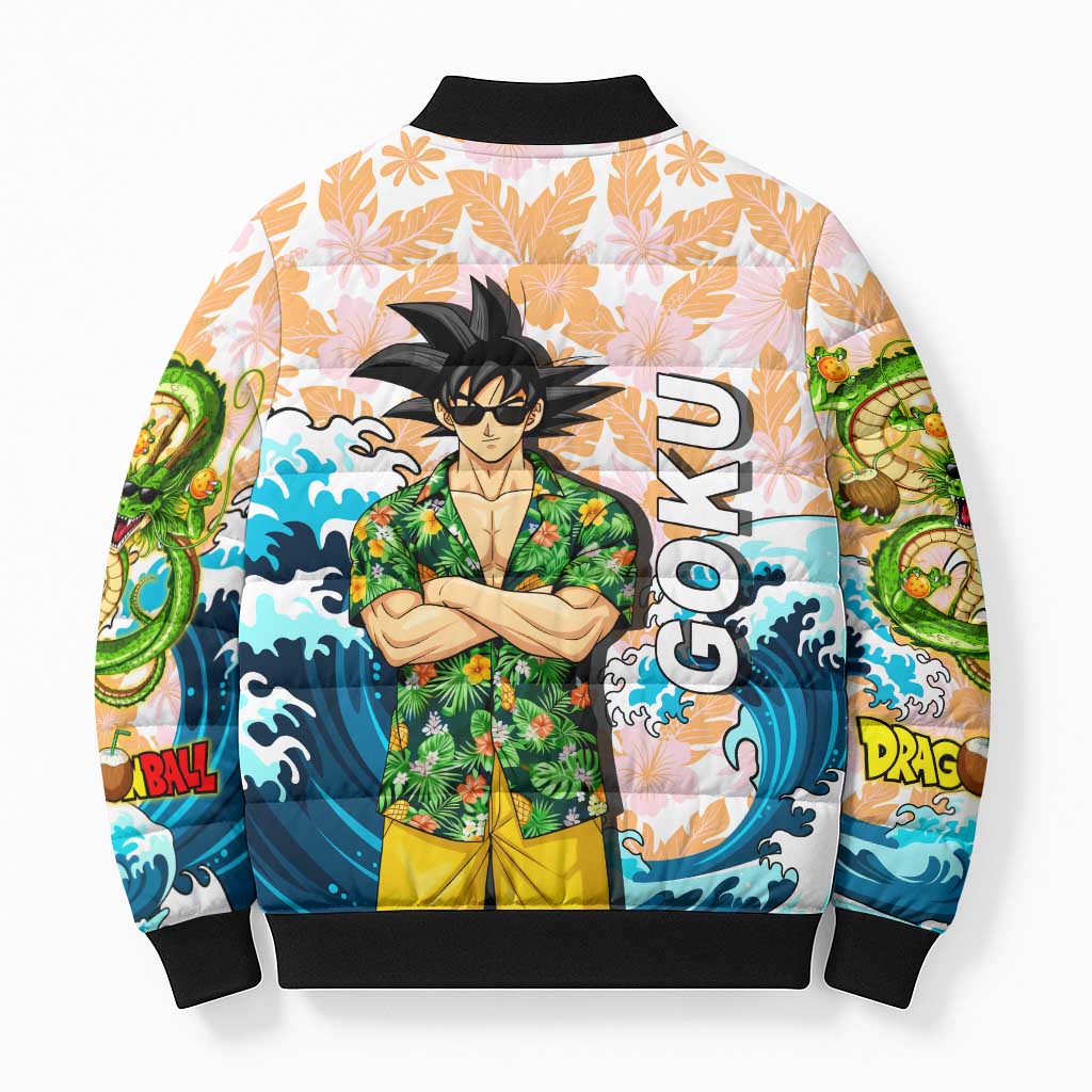 Goku Dragon Ball Summer Theme Bomber Puffer Jacket with Tropical Floral Shirt Sunglasses Shenron and Ocean Wave Background - The Mazicc