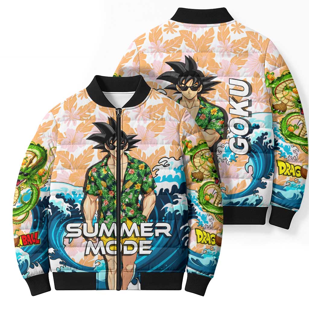 Goku Dragon Ball Summer Theme Bomber Puffer Jacket with Tropical Floral Shirt Sunglasses Shenron and Ocean Wave Background - The Mazicc