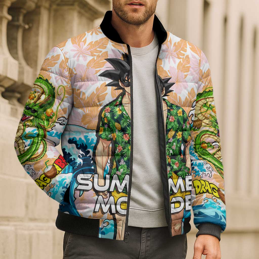 Goku Dragon Ball Summer Theme Bomber Puffer Jacket with Tropical Floral Shirt Sunglasses Shenron and Ocean Wave Background - The Mazicc