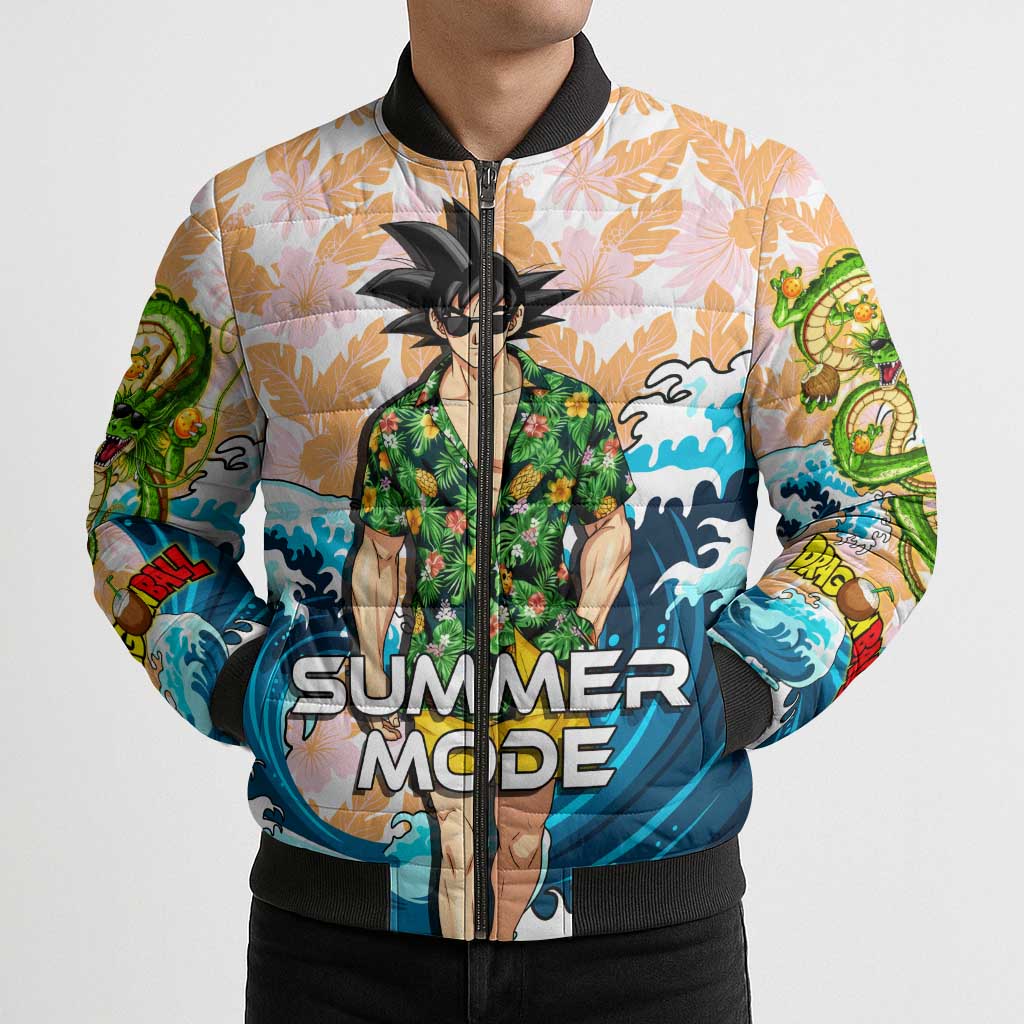 Goku Dragon Ball Summer Theme Bomber Puffer Jacket with Tropical Floral Shirt Sunglasses Shenron and Ocean Wave Background - The Mazicc