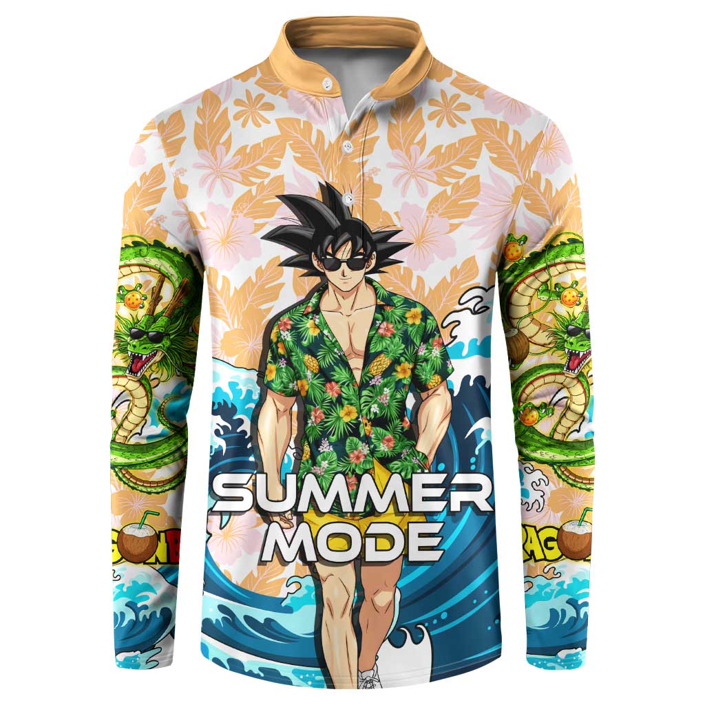 Goku Dragon Ball Summer Theme Button Sweatshirt with Tropical Floral Shirt Sunglasses Shenron and Ocean Wave Background - The Mazicc