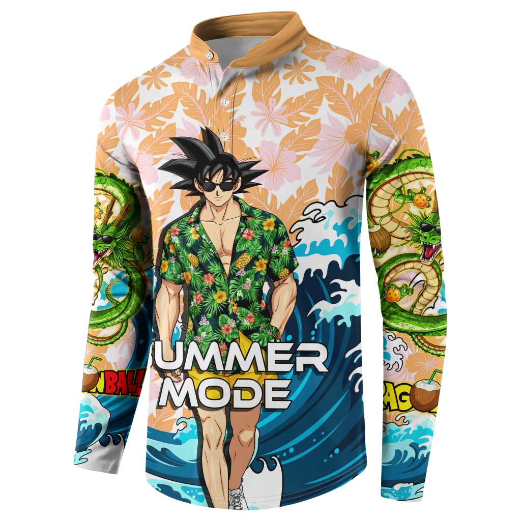 Goku Dragon Ball Summer Theme Button Sweatshirt with Tropical Floral Shirt Sunglasses Shenron and Ocean Wave Background - The Mazicc