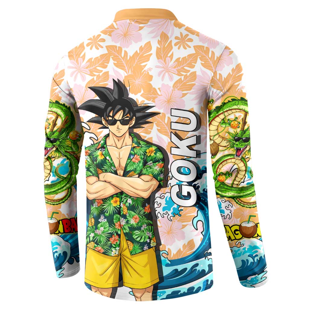 Goku Dragon Ball Summer Theme Button Sweatshirt with Tropical Floral Shirt Sunglasses Shenron and Ocean Wave Background - The Mazicc