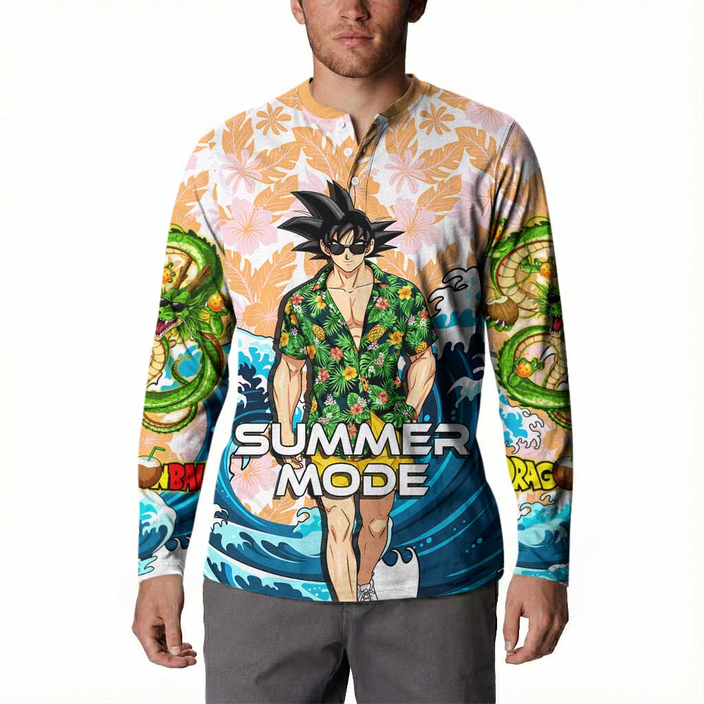 Goku Dragon Ball Summer Theme Button Sweatshirt with Tropical Floral Shirt Sunglasses Shenron and Ocean Wave Background - The Mazicc