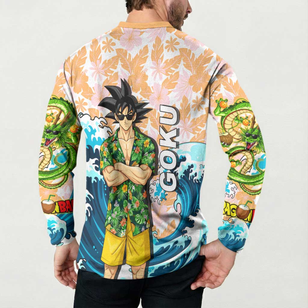 Goku Dragon Ball Summer Theme Button Sweatshirt with Tropical Floral Shirt Sunglasses Shenron and Ocean Wave Background - The Mazicc