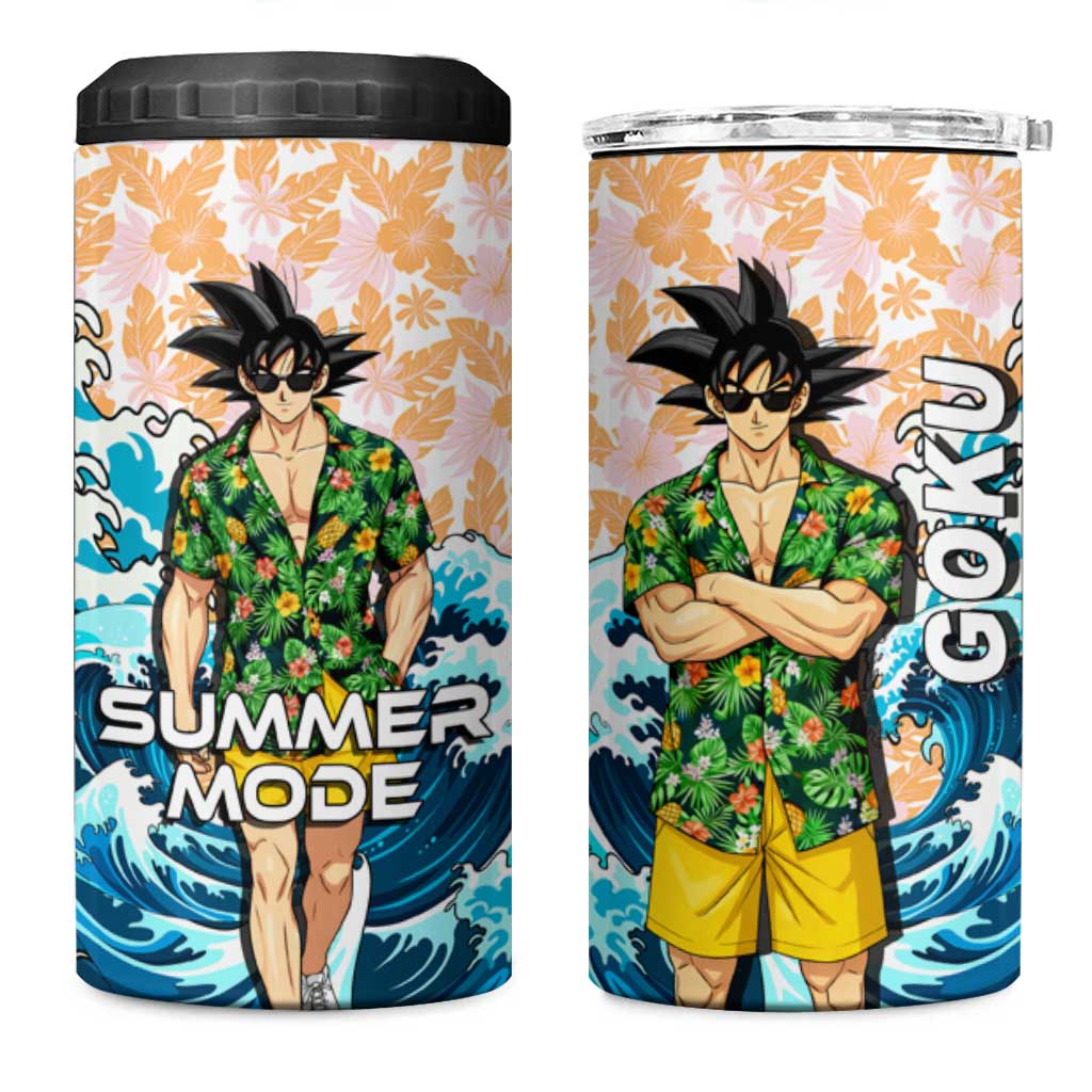 Goku Dragon Ball Summer Theme 4 in 1 Can Cooler Tumbler with Tropical Floral Shirt Sunglasses Shenron and Ocean Wave Background - The Mazicc