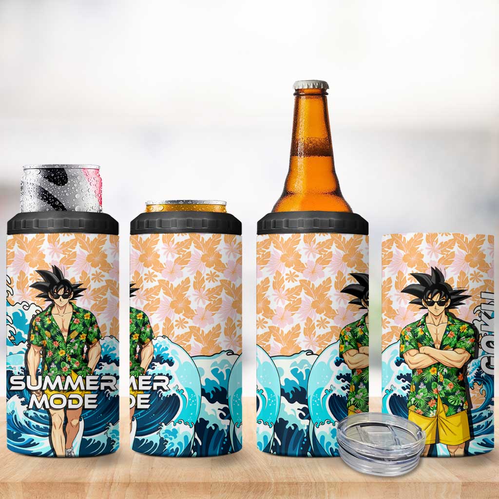 Goku Dragon Ball Summer Theme 4 in 1 Can Cooler Tumbler with Tropical Floral Shirt Sunglasses Shenron and Ocean Wave Background - The Mazicc