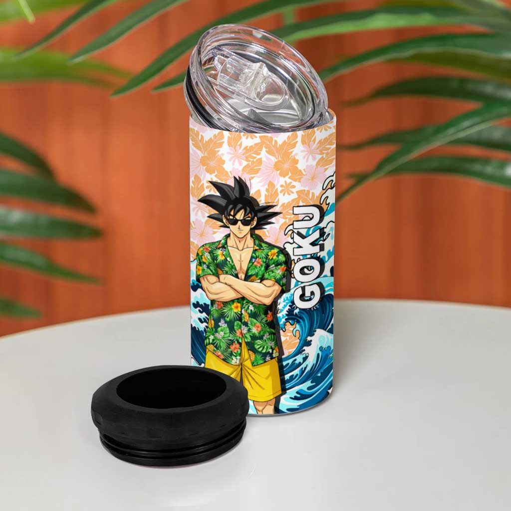 Goku Dragon Ball Summer Theme 4 in 1 Can Cooler Tumbler with Tropical Floral Shirt Sunglasses Shenron and Ocean Wave Background - The Mazicc