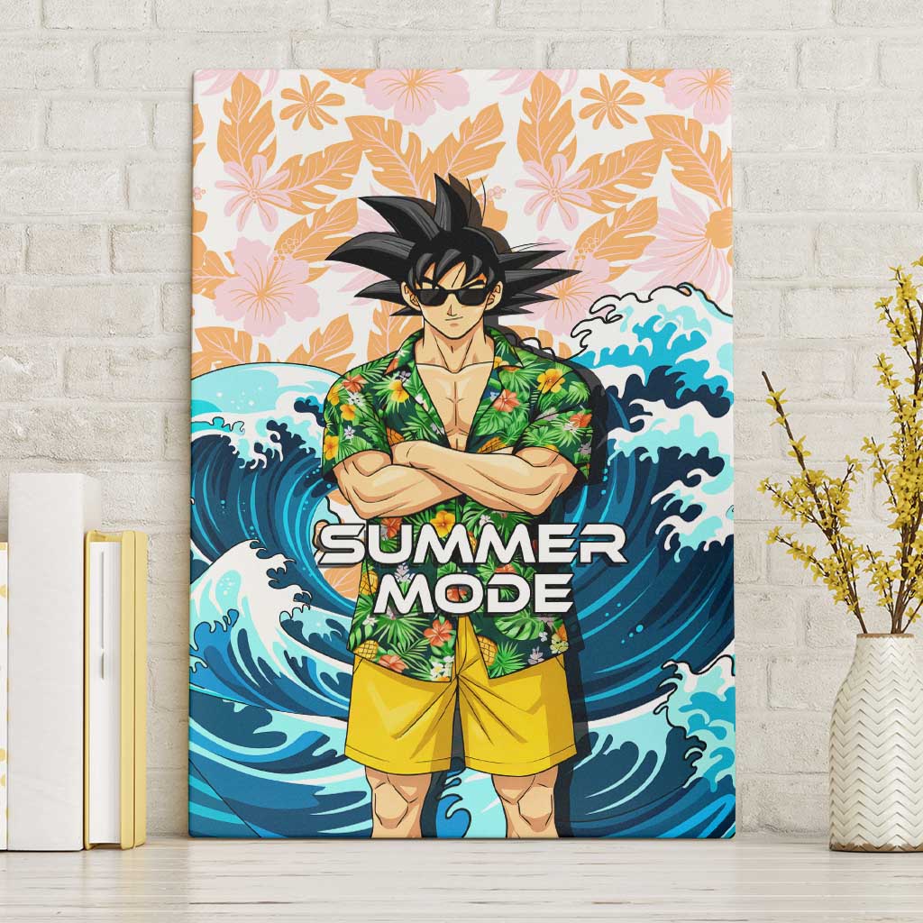 Goku Dragon Ball Summer Theme Canvas Wall Art with Tropical Floral Shirt Sunglasses Shenron and Ocean Wave Background - The Mazicc
