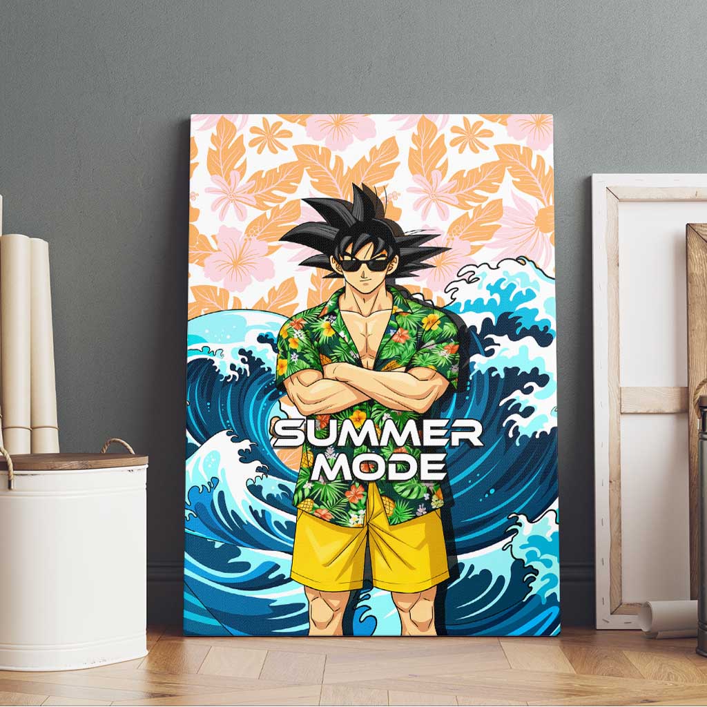 Goku Dragon Ball Summer Theme Canvas Wall Art with Tropical Floral Shirt Sunglasses Shenron and Ocean Wave Background - The Mazicc