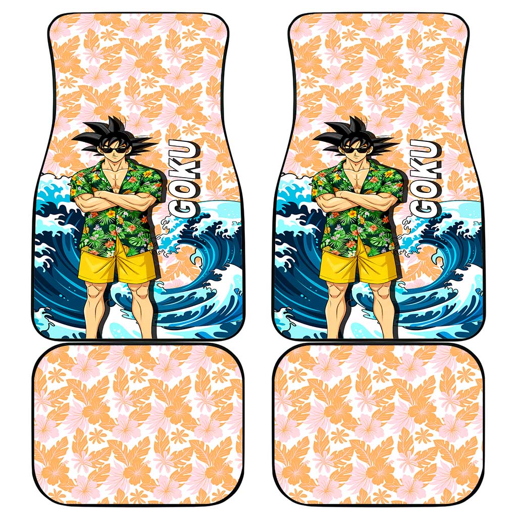 Goku Dragon Ball Summer Theme Car Mats with Tropical Floral Shirt Sunglasses Shenron and Ocean Wave Background - The Mazicc