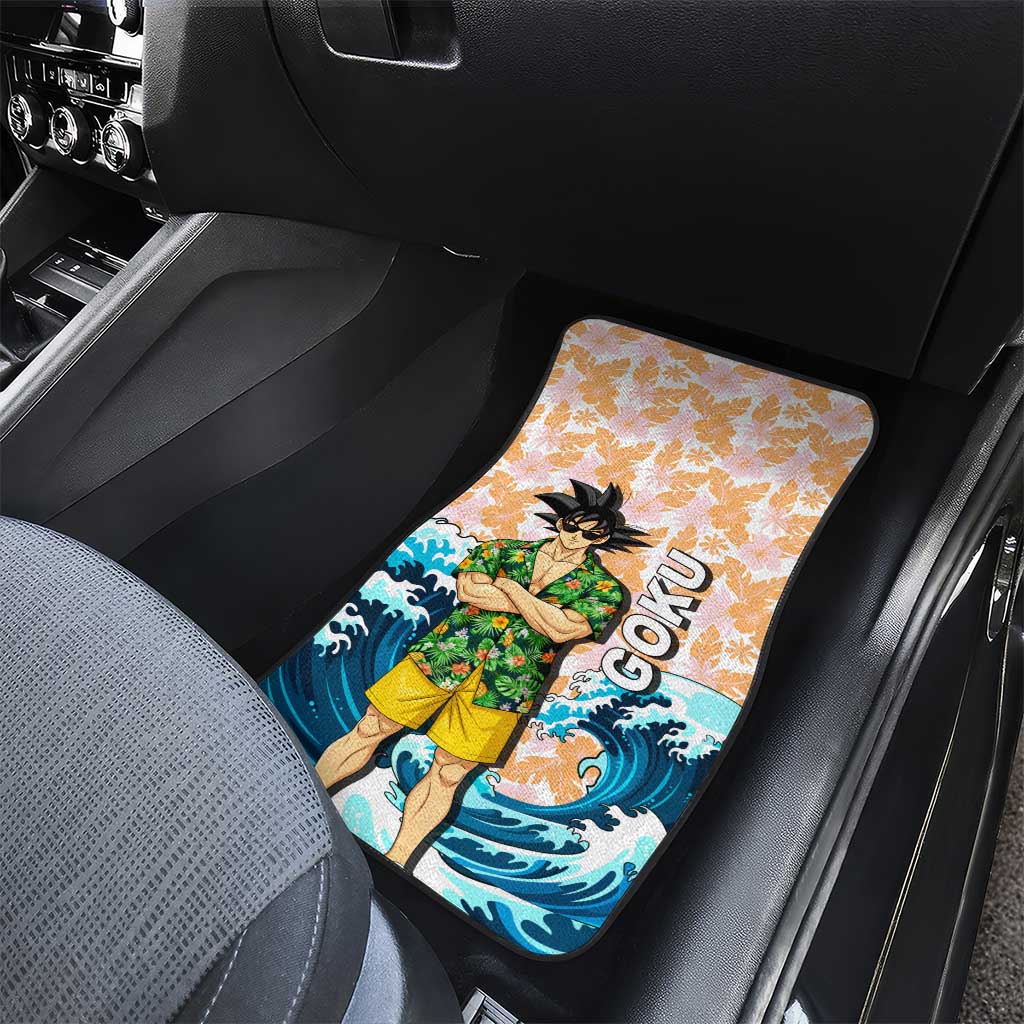 Goku Dragon Ball Summer Theme Car Mats with Tropical Floral Shirt Sunglasses Shenron and Ocean Wave Background - The Mazicc