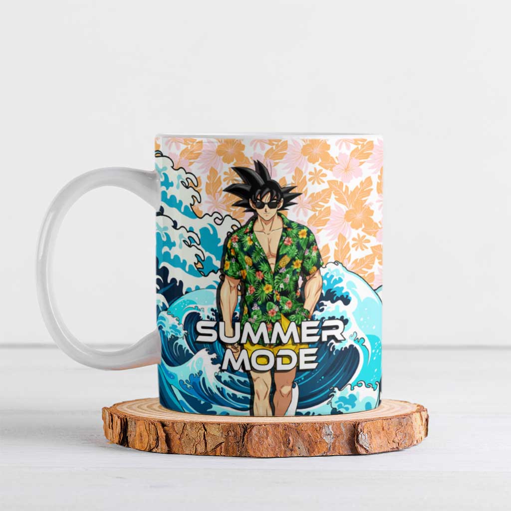 Goku Dragon Ball Summer Theme Ceramic Mug with Tropical Floral Shirt Sunglasses Shenron and Ocean Wave Background - The Mazicc