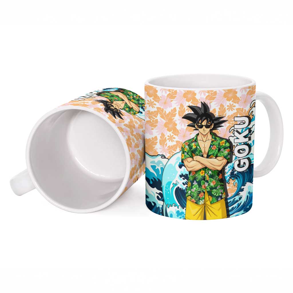 Goku Dragon Ball Summer Theme Ceramic Mug with Tropical Floral Shirt Sunglasses Shenron and Ocean Wave Background - The Mazicc