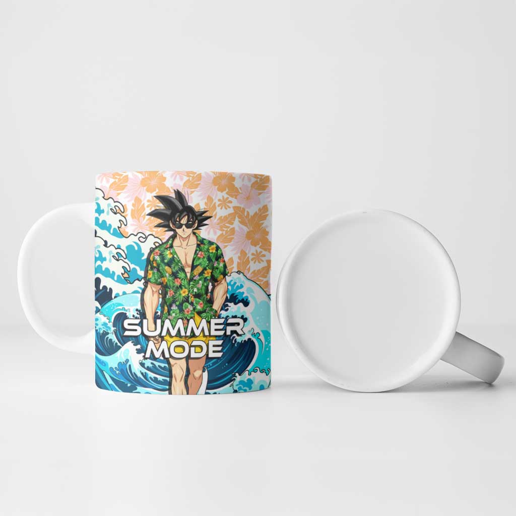 Goku Dragon Ball Summer Theme Ceramic Mug with Tropical Floral Shirt Sunglasses Shenron and Ocean Wave Background - The Mazicc