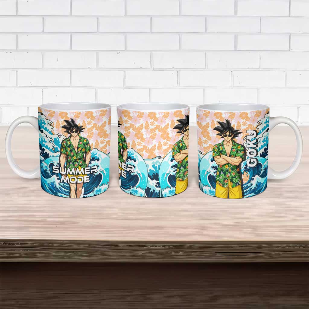 Goku Dragon Ball Summer Theme Ceramic Mug with Tropical Floral Shirt Sunglasses Shenron and Ocean Wave Background - The Mazicc