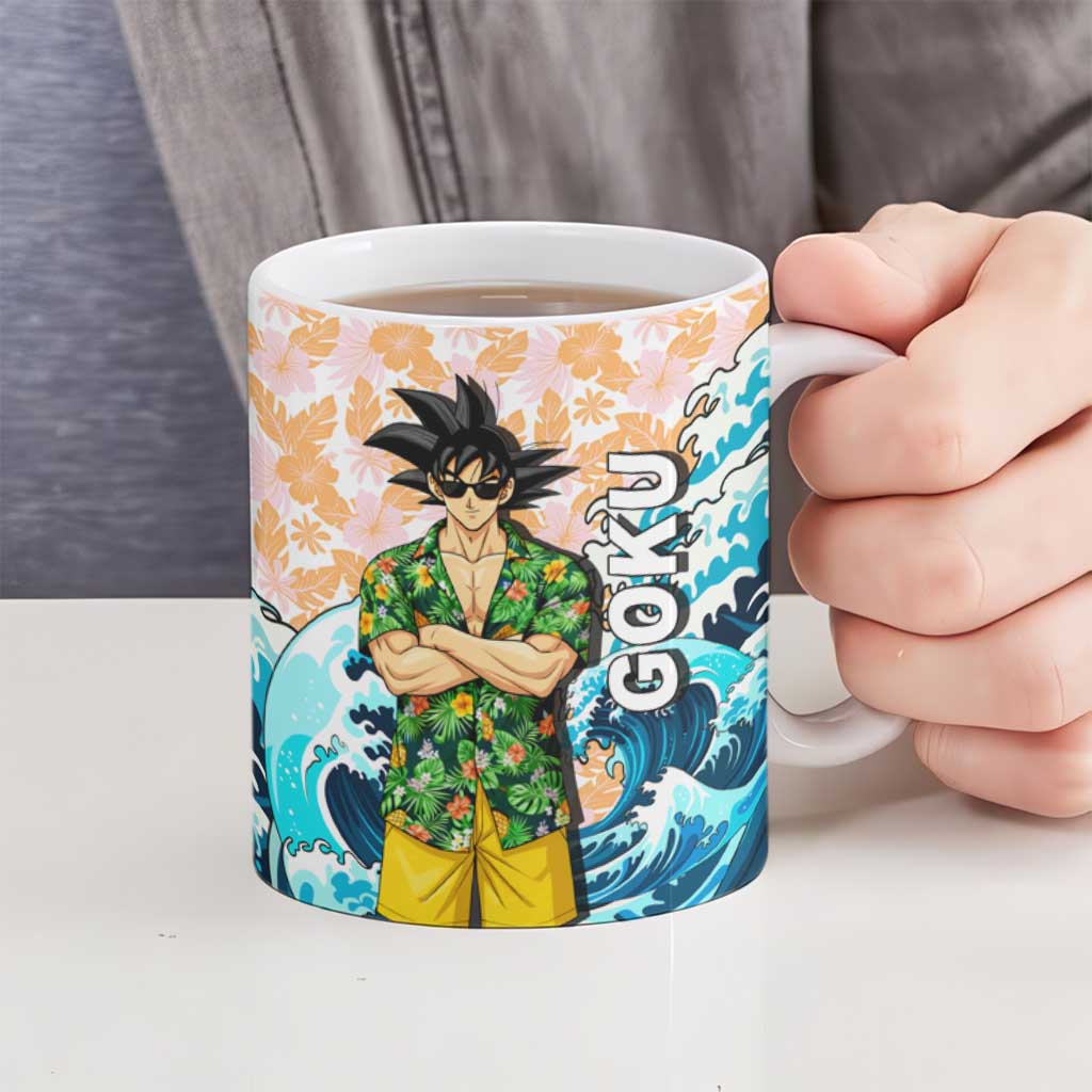 Goku Dragon Ball Summer Theme Ceramic Mug with Tropical Floral Shirt Sunglasses Shenron and Ocean Wave Background - The Mazicc
