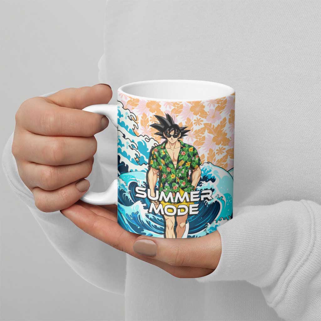 Goku Dragon Ball Summer Theme Ceramic Mug with Tropical Floral Shirt Sunglasses Shenron and Ocean Wave Background - The Mazicc