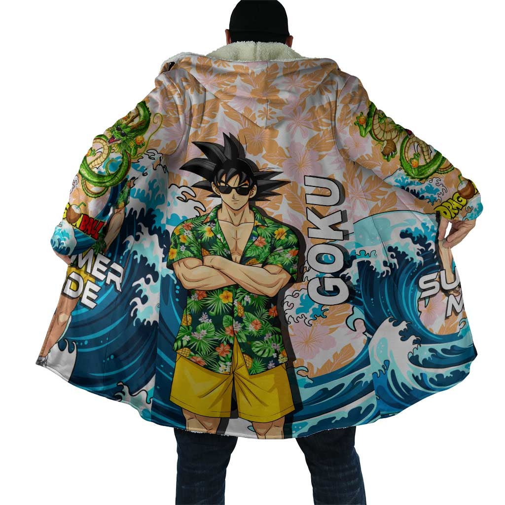 Goku Dragon Ball Summer Theme Cloak with Tropical Floral Shirt Sunglasses Shenron and Ocean Wave Background - The Mazicc