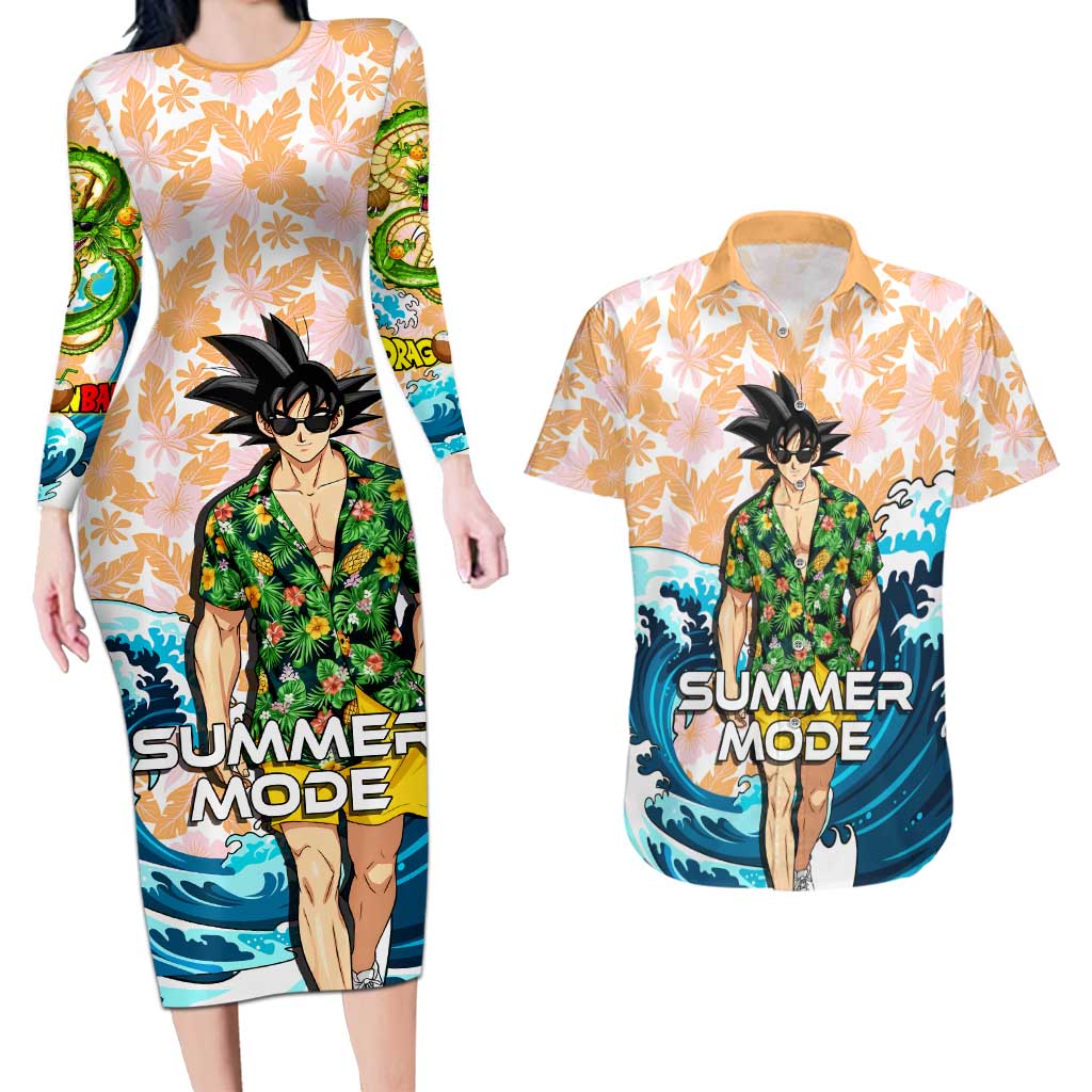 Goku Dragon Ball Summer Theme Couples Matching Long Sleeve Bodycon Dress and Hawaiian Shirt with Tropical Floral Shirt Sunglasses Shenron and Ocean Wave Background - The Mazicc