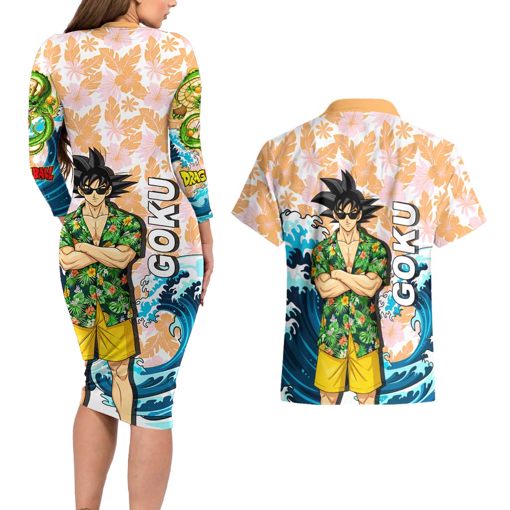 Goku Dragon Ball Summer Theme Couples Matching Long Sleeve Bodycon Dress and Hawaiian Shirt with Tropical Floral Shirt Sunglasses Shenron and Ocean Wave Background - The Mazicc