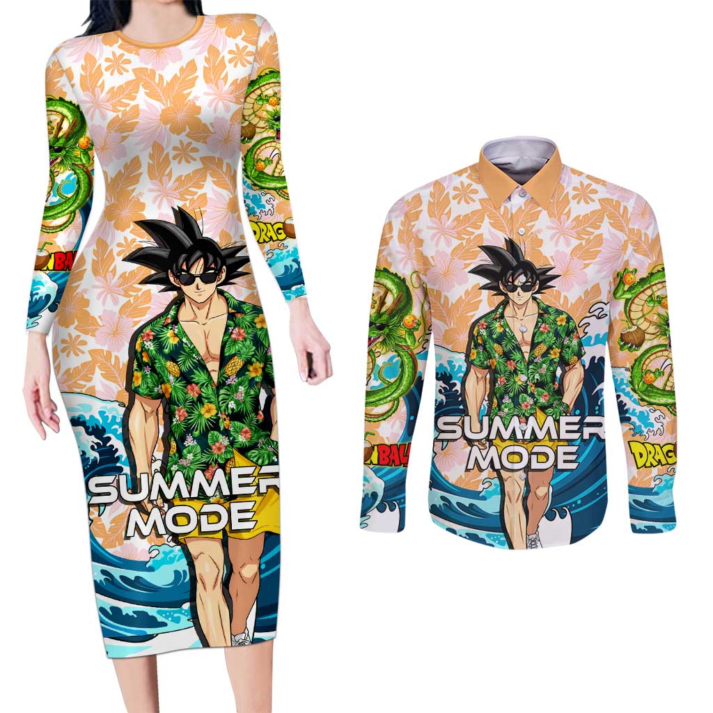 Goku Dragon Ball Summer Theme Couples Matching Long Sleeve Bodycon Dress and Long Sleeve Button Shirt with Tropical Floral Shirt Sunglasses Shenron and Ocean Wave Background - The Mazicc