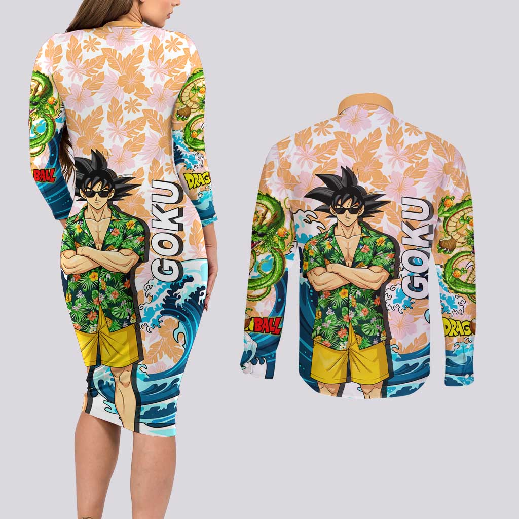 Goku Dragon Ball Summer Theme Couples Matching Long Sleeve Bodycon Dress and Long Sleeve Button Shirt with Tropical Floral Shirt Sunglasses Shenron and Ocean Wave Background - The Mazicc