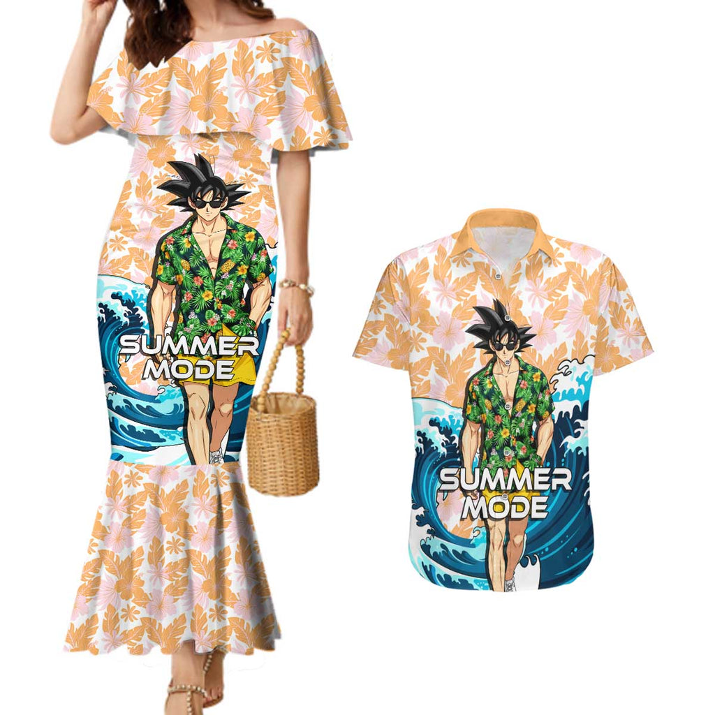 Goku Dragon Ball Summer Theme Couples Matching Mermaid Dress and Hawaiian Shirt with Tropical Floral Shirt Sunglasses Shenron and Ocean Wave Background - The Mazicc