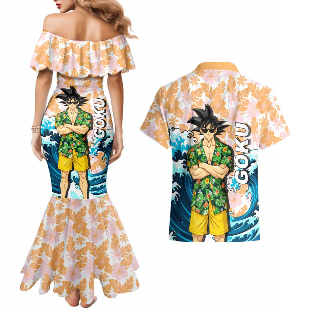 Goku Dragon Ball Summer Theme Couples Matching Mermaid Dress and Hawaiian Shirt with Tropical Floral Shirt Sunglasses Shenron and Ocean Wave Background - The Mazicc