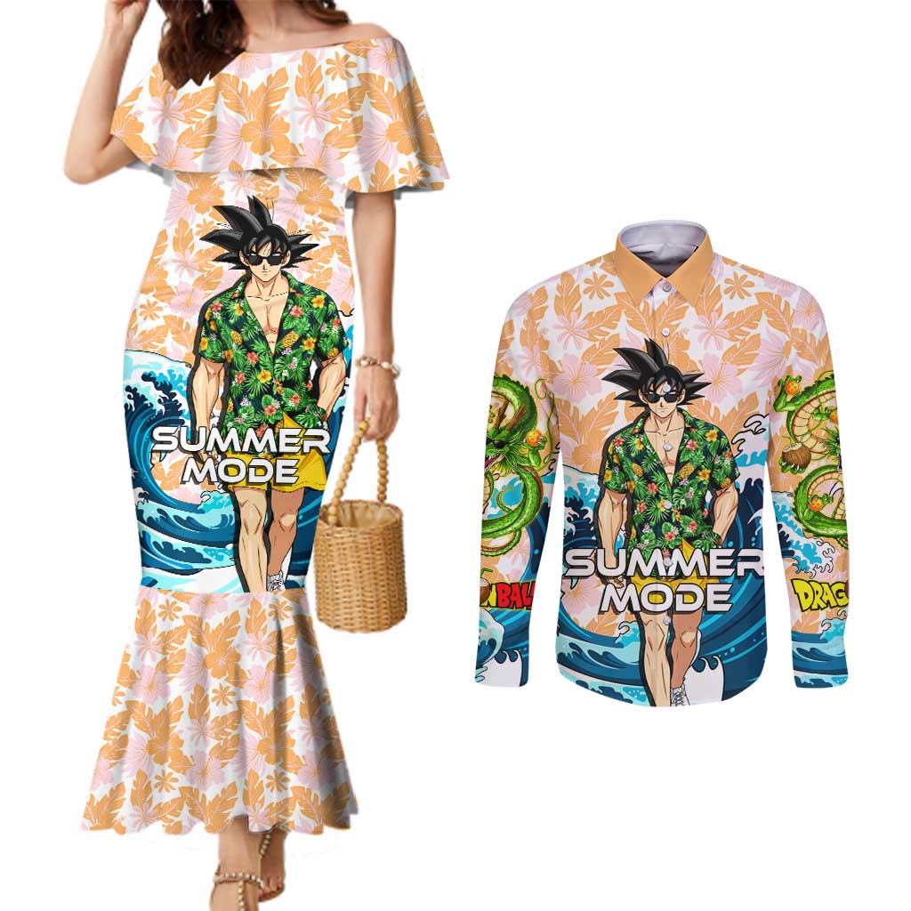 Goku Dragon Ball Summer Theme Couples Matching Mermaid Dress and Long Sleeve Button Shirt with Tropical Floral Shirt Sunglasses Shenron and Ocean Wave Background - The Mazicc