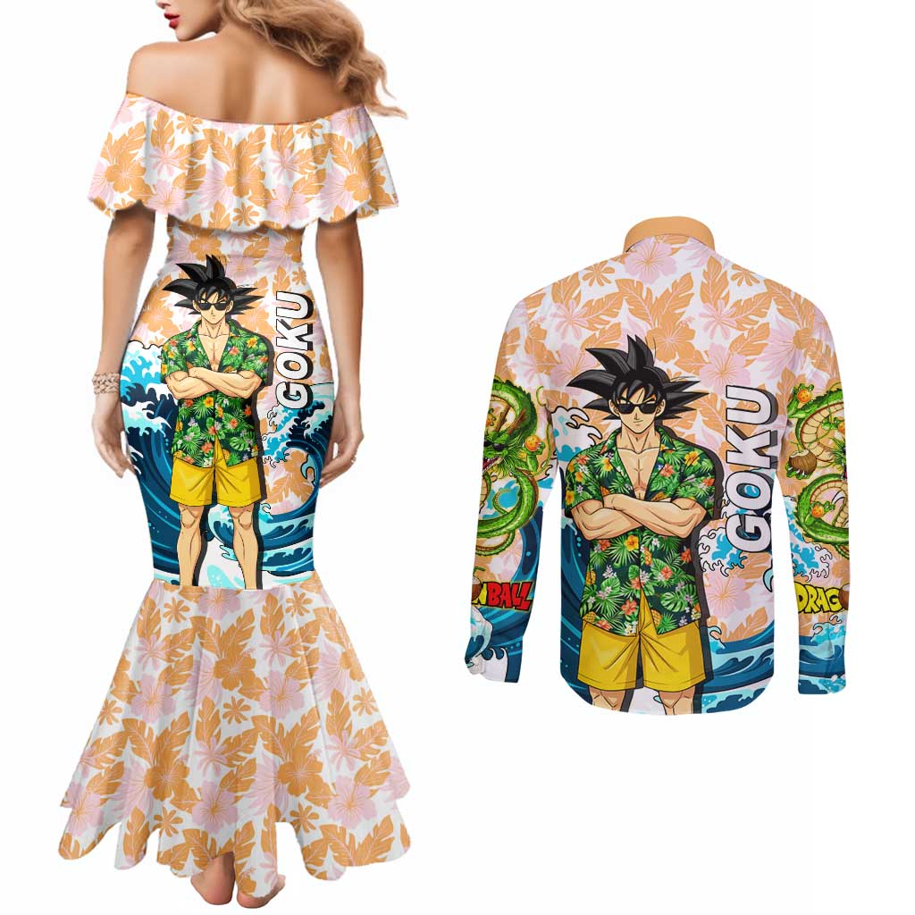 Goku Dragon Ball Summer Theme Couples Matching Mermaid Dress and Long Sleeve Button Shirt with Tropical Floral Shirt Sunglasses Shenron and Ocean Wave Background - The Mazicc