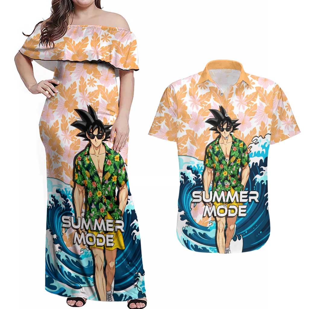 Goku Dragon Ball Summer Theme Couples Matching Off Shoulder Maxi Dress and Hawaiian Shirt with Tropical Floral Shirt Sunglasses Shenron and Ocean Wave Background - The Mazicc